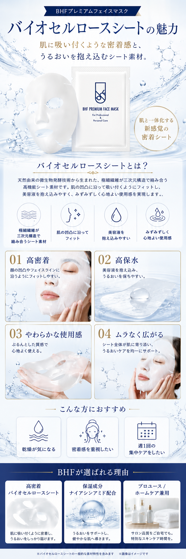 バイオセルロースシートの魅力 01.校密着 02.高保湿 03.やわらかな使用感 04.ムラなく広がる
