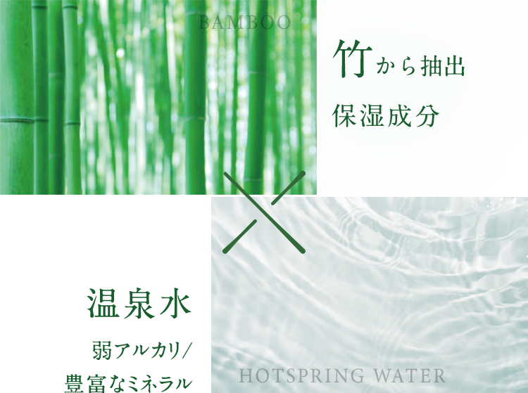 竹から抽出（保湿成分）×温泉水（弱アルカリ/豊富なミネラル）