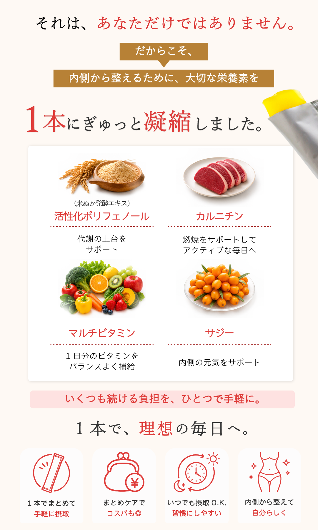 それは、あなただけではありません。だからこそ、内側から整えるために、大切な栄養素を1本にぎゅっと凝縮しました。●活性化ポリフェノール（代謝の土台をサポート）　●カルニチン（燃焼をサポートしてアクティブな毎日へ）　●マルチビタミン（１日分のビタミンをバランスよく補給）　●サジー（内側の元気をサポート）１本で理想の毎日へ。１本で手軽に摂取◎　コスパも◎　習慣にしやすい◎　内側から整えて自分らしく◎　