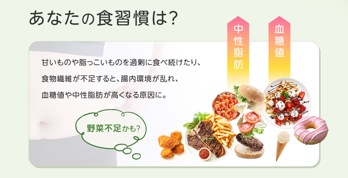 甘いものや脂っこいものを過剰に食べ続けたり、食物繊維が不足すると、腸内環境が乱れ、血糖値や中性脂肪が高くなる原因に。