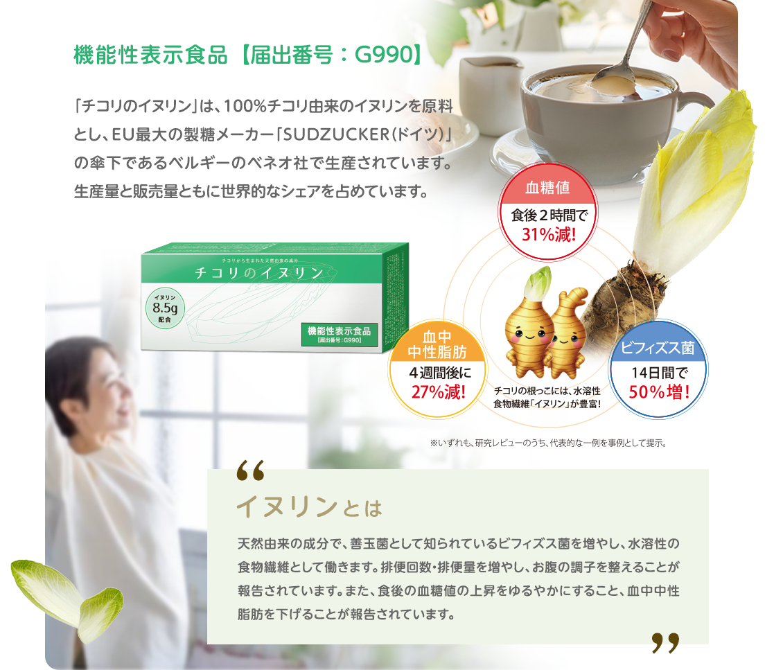 機能性表示食品【届出番号：G990】「チコリのイヌリン」は、100％チコリ由来のイヌリンを原料とし、EU最大の製糖メーカー「SUDZUCKER（ドイツ）」の傘下であるベルギーのベネオ社で生産されています。生産量と販売量ともに世界的なシェアを占めています。