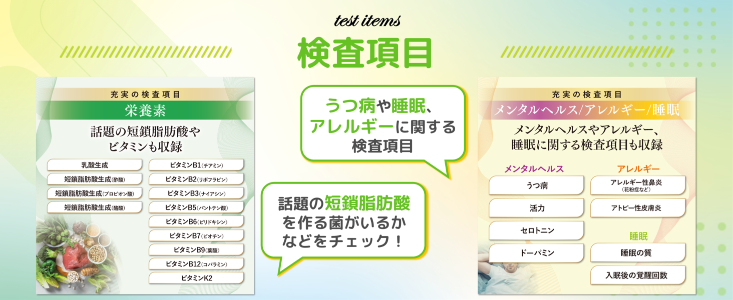 腸内フローラ検査をする「chatFLORA G」の検査項目　1.栄養素　2.メンタルヘルス/アレルギー/睡眠