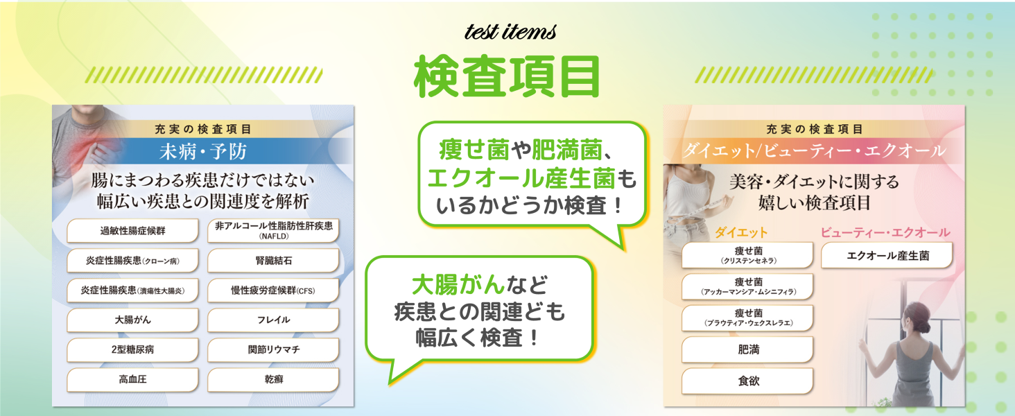 腸内フローラ検査をする「chatFLORA G」の検査項目　3.未病・予防　4.ダイエット/ビューティー・エクオール