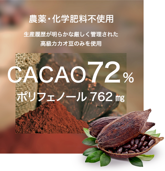 【農薬・化学肥料不使用】生産履歴が明らかな厳しく管理された高級カカオ豆のみを使用　CACAO72％/ポリフェノール762?