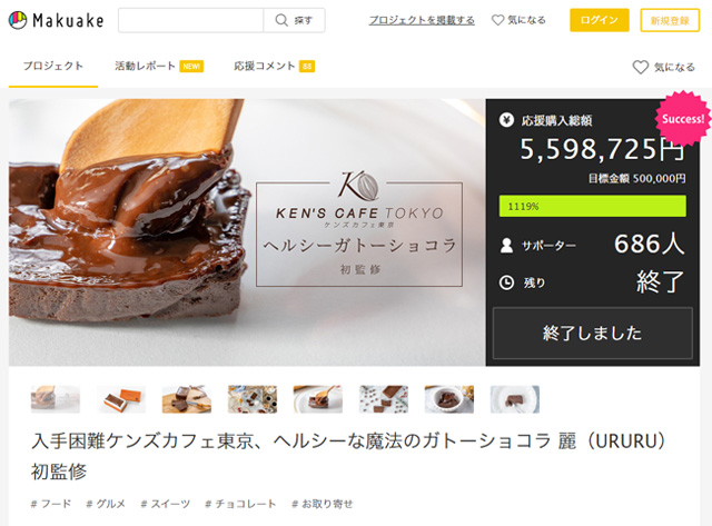 ヘルシーガトーショコラ　魔法のガトーショコラ 麗（URURU）MAKUAKE達成率1119％