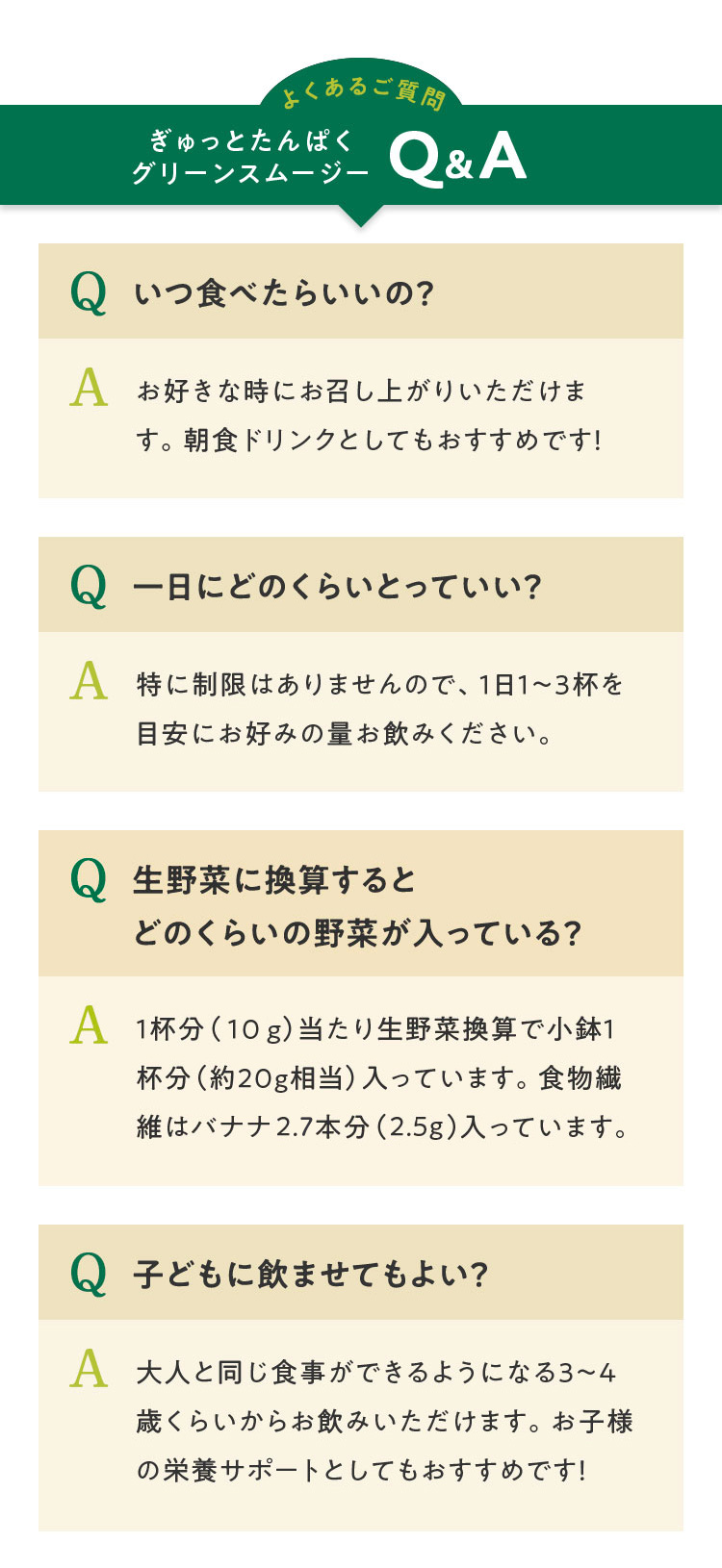 よくある質問「ぎゅっとたんぱく グリーンスムージー」