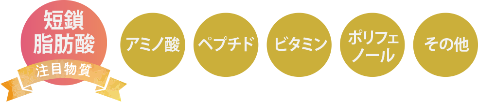 短鎖(タンサ)脂肪酸（注目物質）/アミノ酸/ペプチド/ビタミン/ポリフェノール/その他