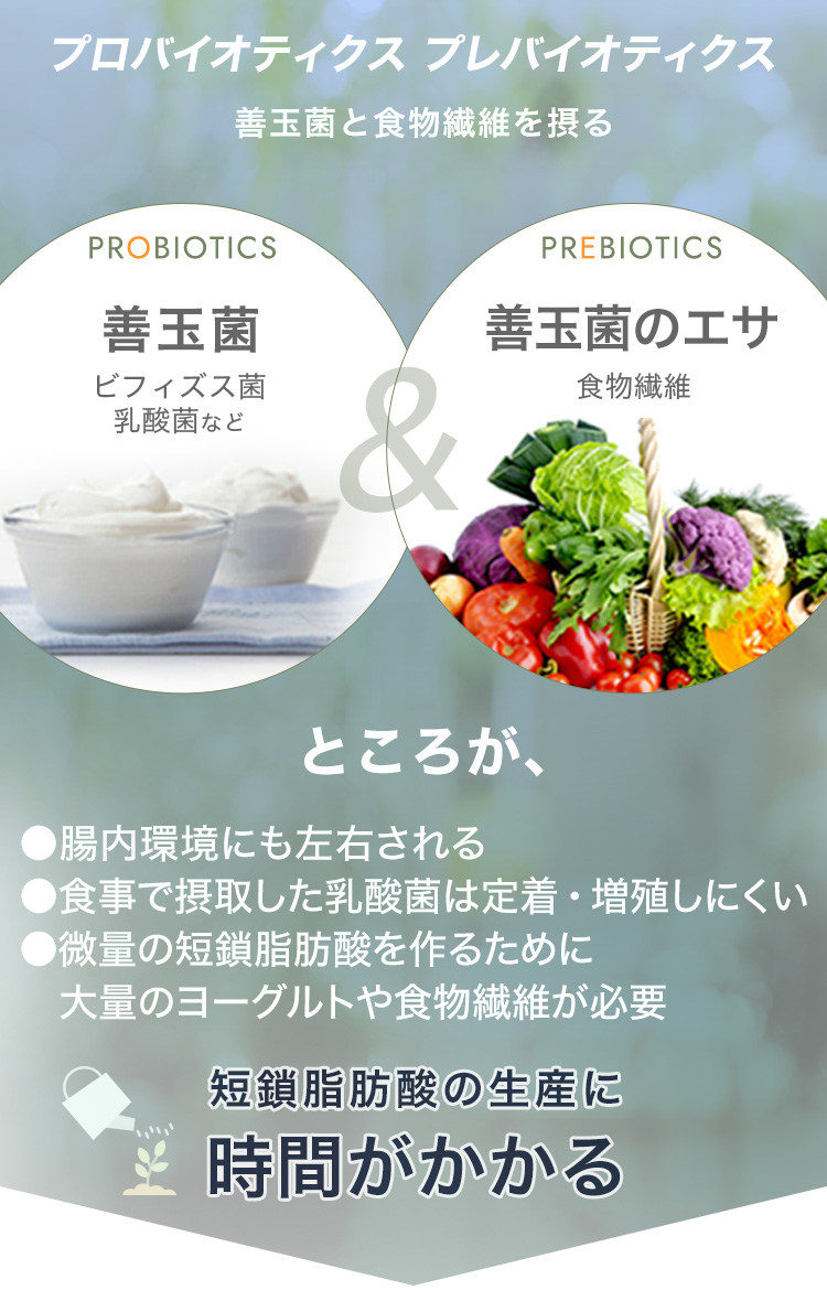 一般的な腸活（善玉菌と善玉菌のエサとなる食物繊維を摂取し、待つ腸活）