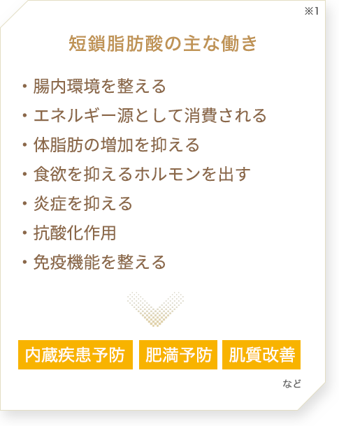 【短鎖脂肪酸の主な働き】・腸内環境を整える・エネルギー源として消費される・体脂肪の増加を抑える・食欲を抑えるホルモンを出す・炎症を抑える・抗酸化作用・免疫機能を整えるなど