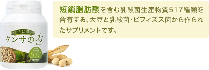 「タンサの力」は短鎖脂肪酸を含む乳酸菌生産物質517種類を含有する、大豆と乳酸菌・ビフィズス菌から作られたサプリメントです。90粒（約30日分）価格10,000円（税込）